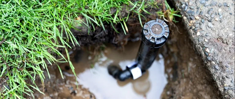 Exposed sprinkler head and pipe in muddy trench during irrigation repair in Fort Worth