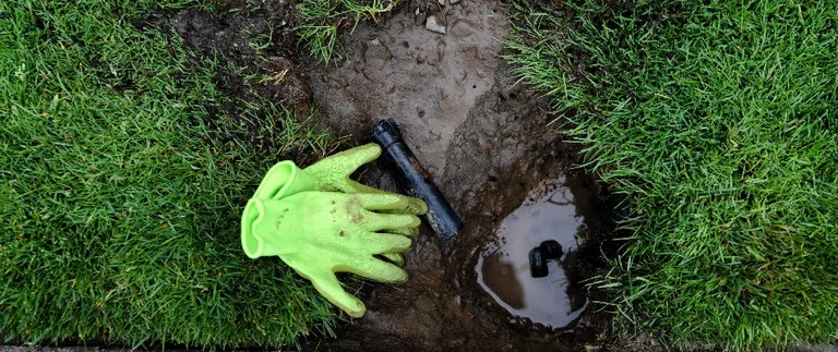 Excavated sprinkler line in muddy lawn trench with work glove beside standing water