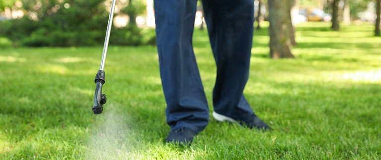 Technician spraying weed control treatment on green lawn in Lakeside, TX