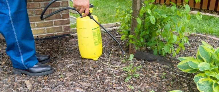 Technician spraying pest control treatment in mulched landscape bed at a Keller home