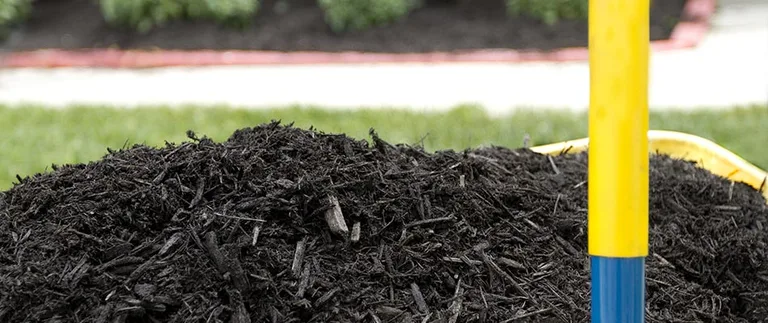 Pile of black mulch and shovel on lawn during mulch installation in Fort Worth