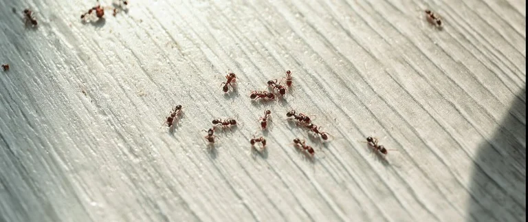 Trail of red ants crawling across a white painted wood surface