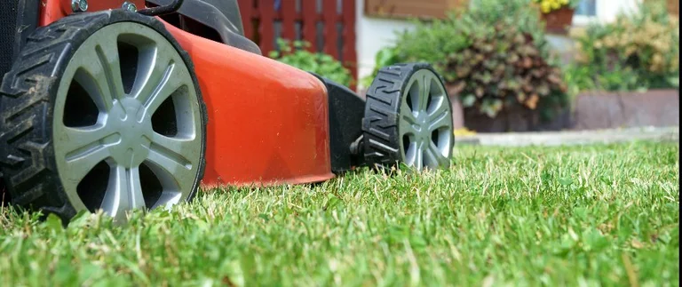 Close-up of red lawn mower wheels mowing a green residential lawn