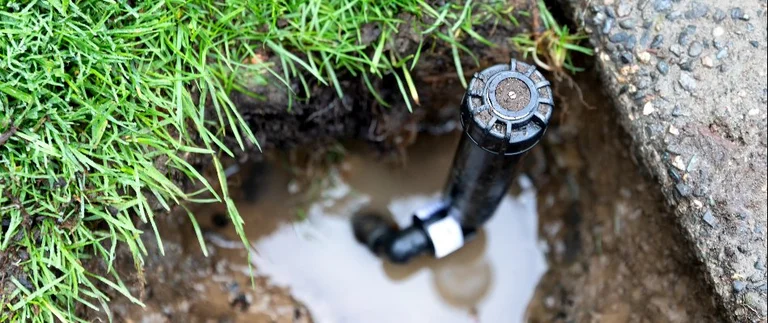 Exposed sprinkler head in a dug hole beside green lawn during irrigation repair