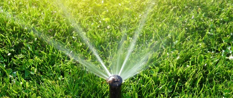Upgraded pop-up sprinkler head watering green lawn in Fort Worth