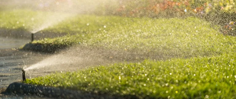 Pop-up sprinkler heads watering a green Fort Worth lawn at sunrise