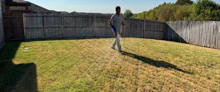 Technician spraying lawn disease treatment on a fenced backyard lawn in Fort Worth