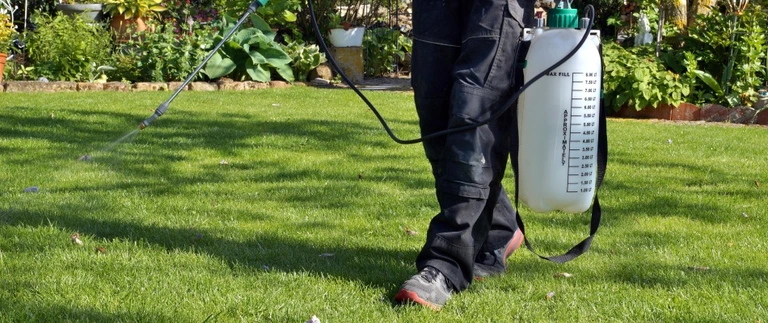 Technician applying mosquito treatment to a green lawn with a backpack sprayer