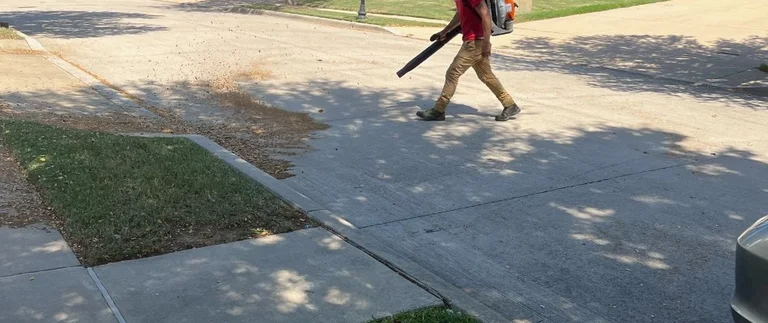 Worker using a leaf blower to clear leaves from a yard