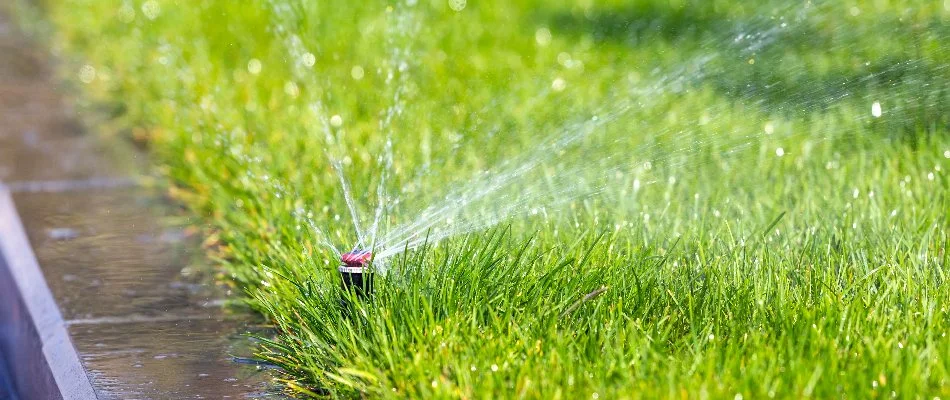 A sprinkler head spraying water on green grass in Keller, TX.