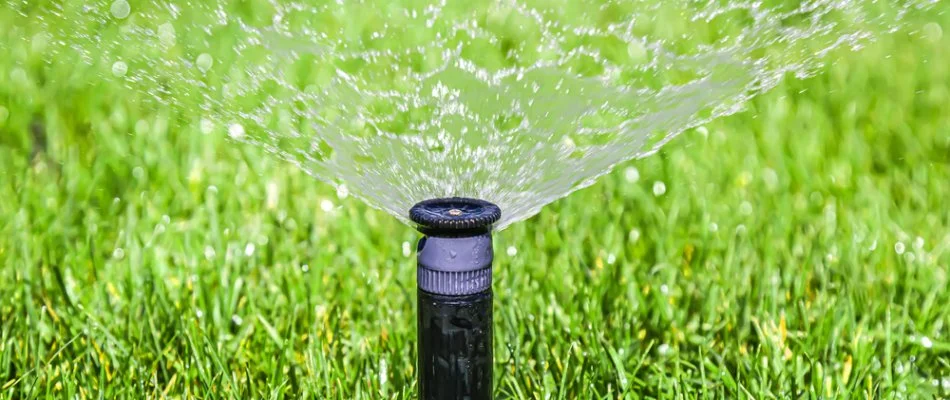 Sprinkler irrigation system spraying water on a lawn in River Oaks, TX.